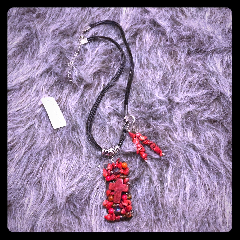 Ladies Red stone cross necklace and earrings